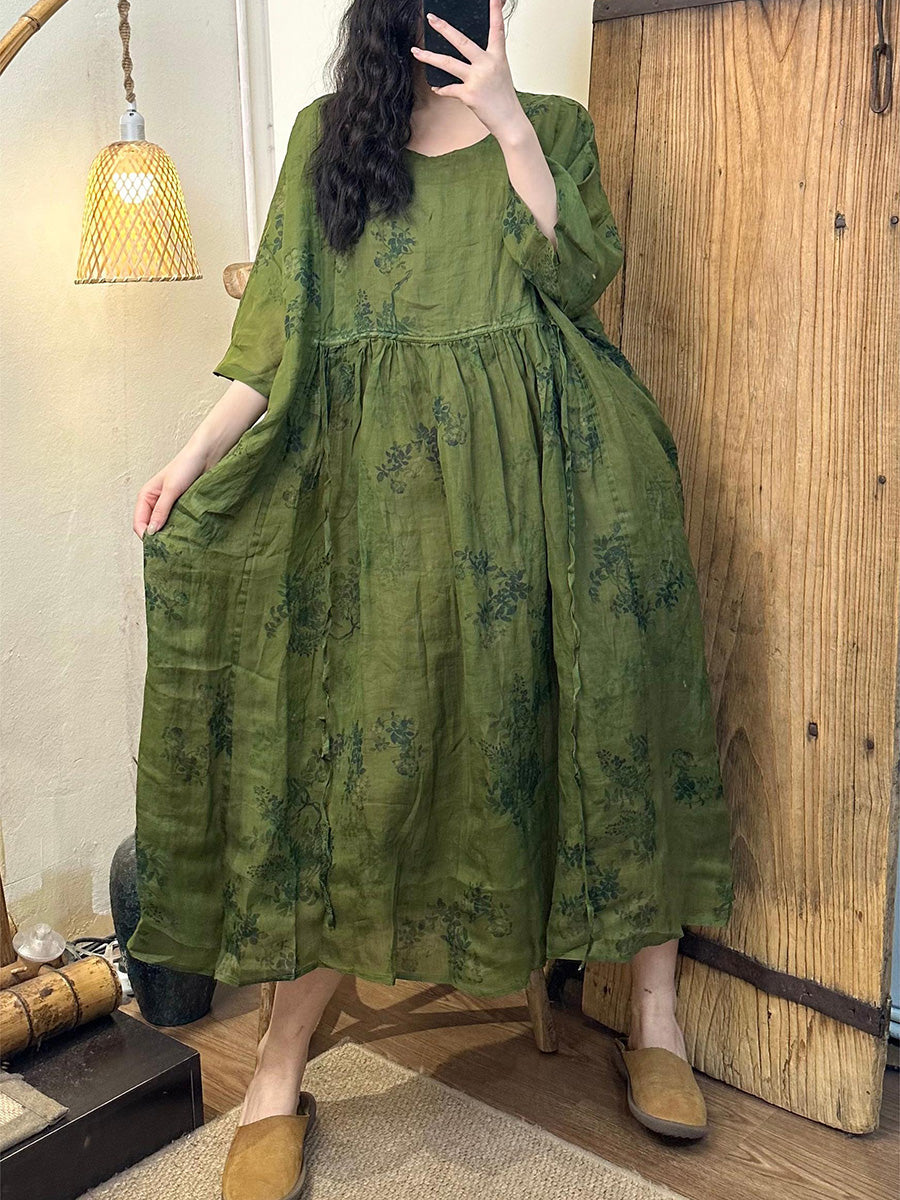 Übergröße Damen Sommer Vintage Blumenträger O-Ausschnitt Ramie Kleid