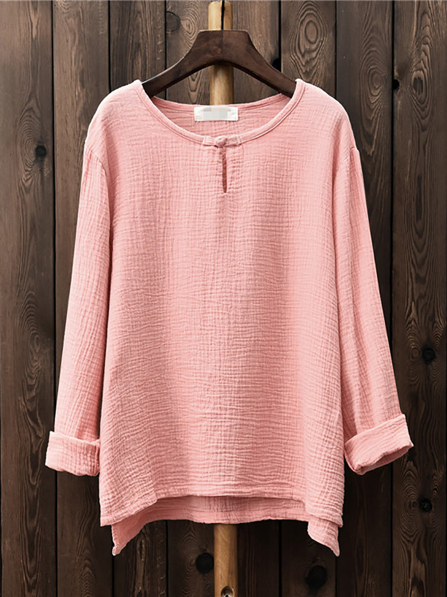 Plus Size Damen Herbst O-Ausschnitt Solides 100% Baumwolle Hemd