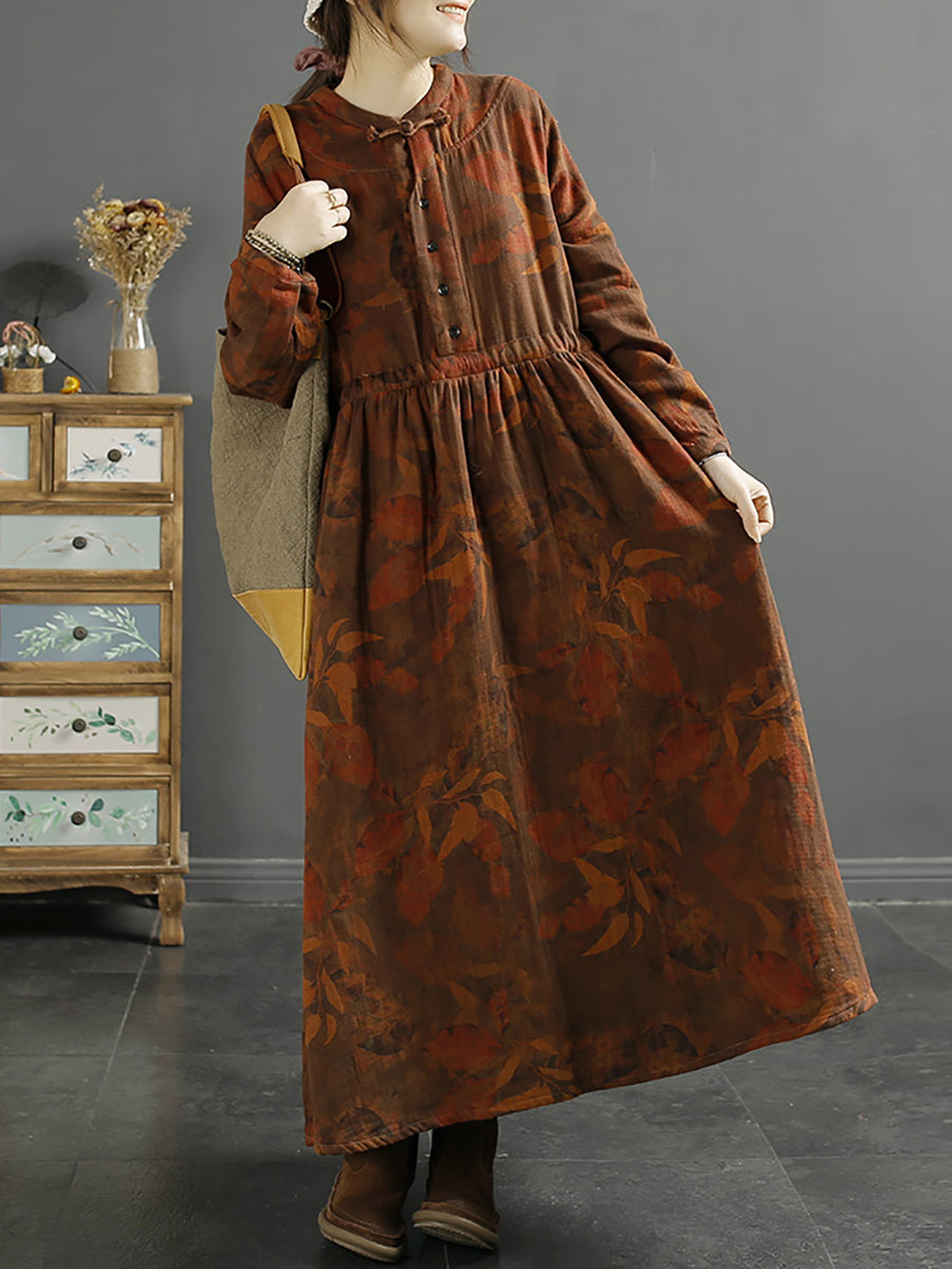 Übergröße Damen Herbst Vintage Blatt Druck Baumwollkleid