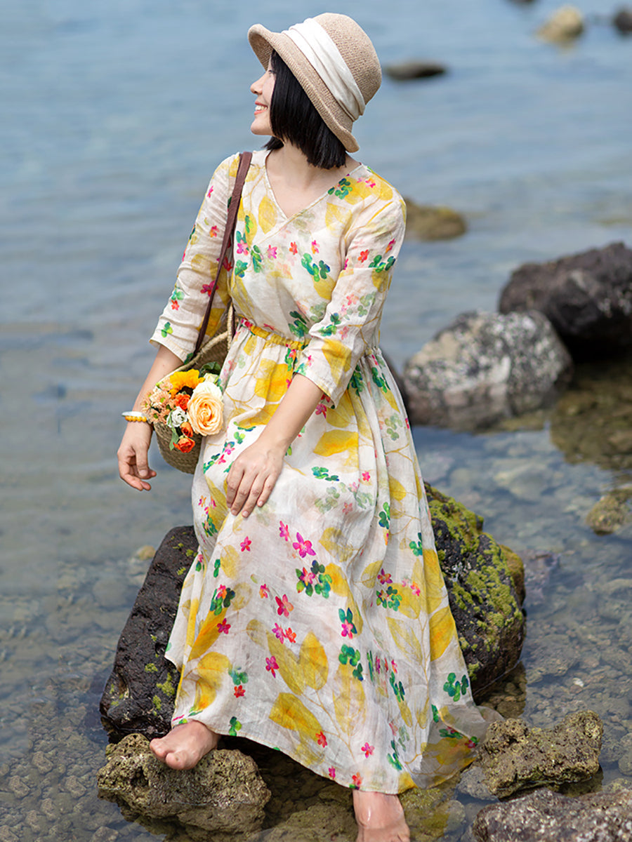 Übergröße Damen Sommer Prairie Chic Blumen V-Ausschnitt Ramie Kleid