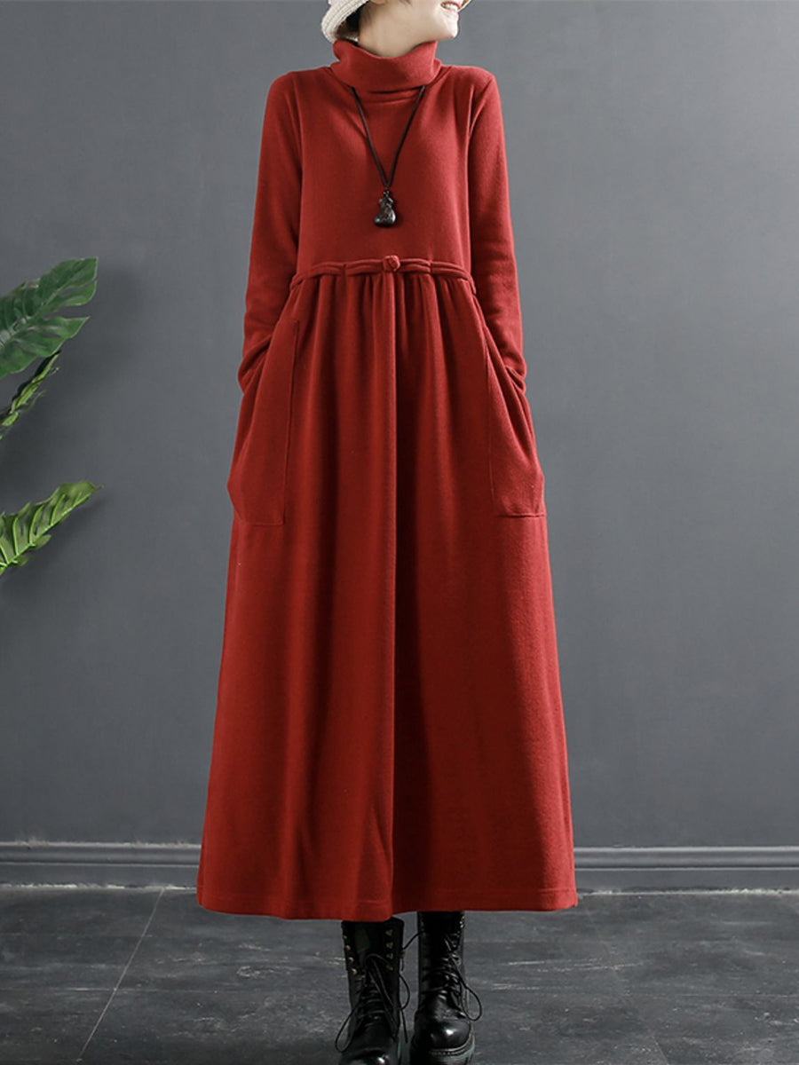 Übergröße Damen Reine Farbe Rollkragen Drapiertes langes Kleid