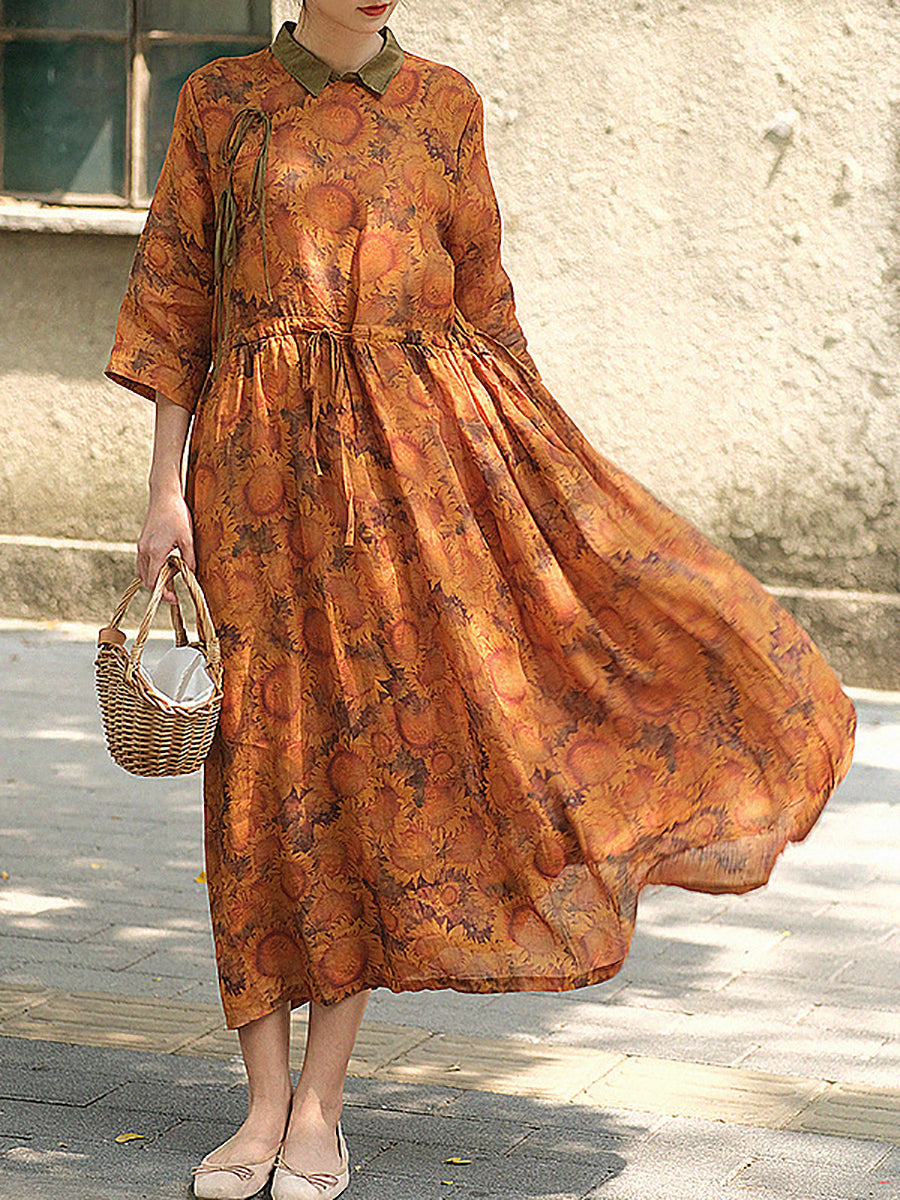 Lockeres Kleid im chinesischen Stil mit Kordelzug und Aufdruck für Damen in Übergröße