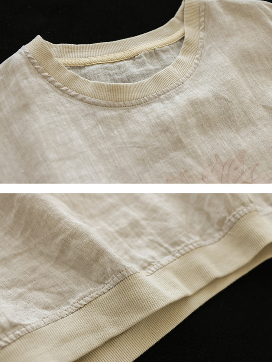 Übergröße Damen Leinen Lässiges Sommerblumen Kurzarm T-Shirt