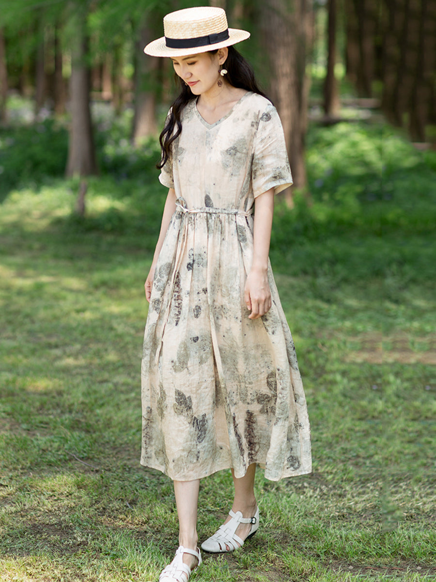 Große Größen Damen Artsy Tintendruck Ramie Kleid mit Kordelzug