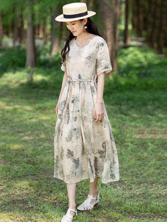 Große Größen Damen Artsy Tintendruck Ramie Kleid mit Kordelzug