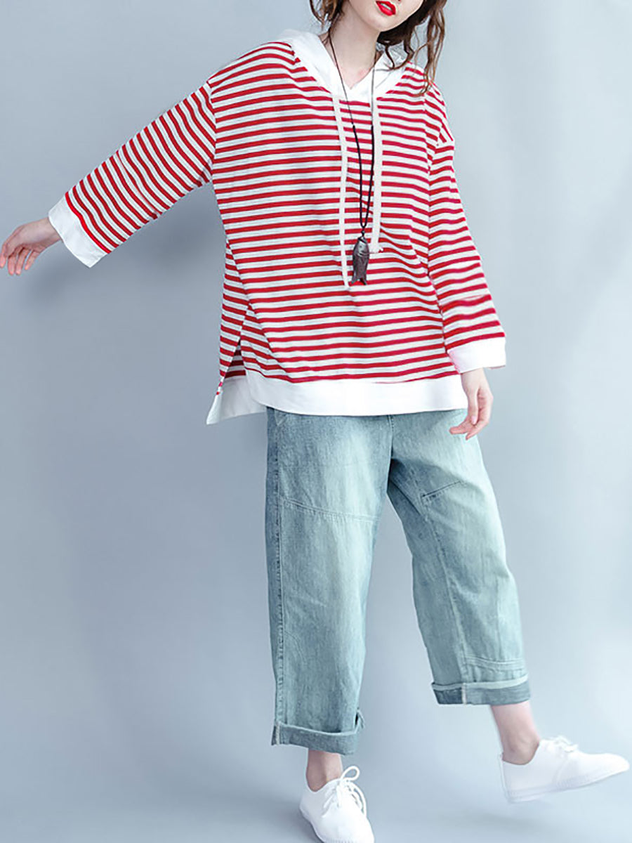 Plus Size Damen Frühling Casual Streifen Kapuzen rotes Hemd