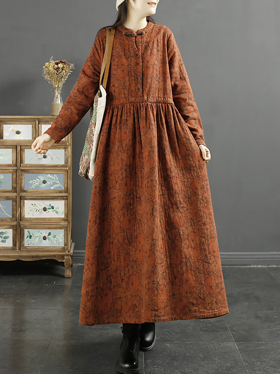Übergröße Damen Herbst Vintage Blatt Druck Baumwollkleid