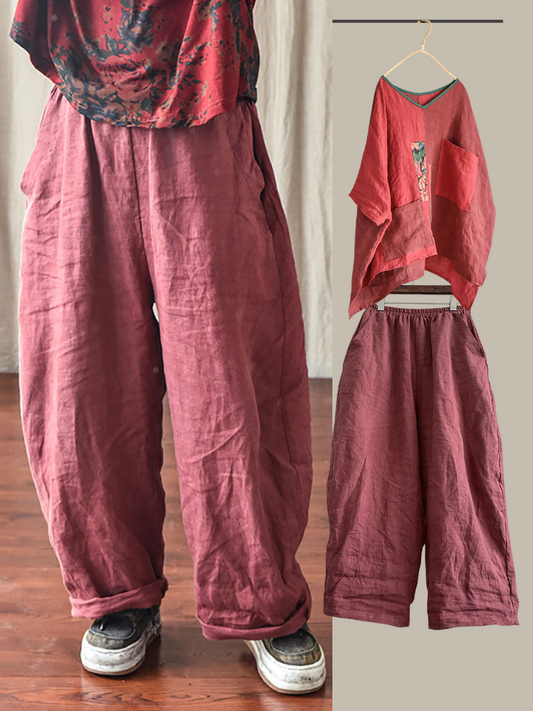 Übergröße Damen Casual Solid Loose Elastic Waist Leinenhose