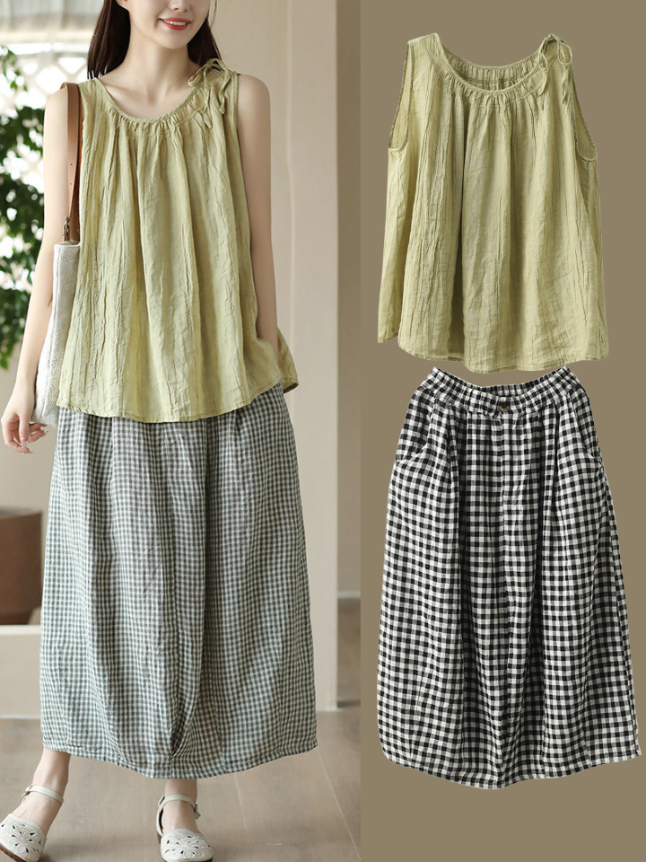 Übergröße Damen Retro Solid Loose Kordelzug Ramie Weste