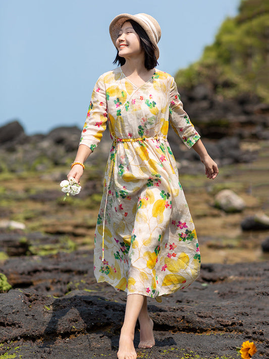Übergröße Damen Sommer Prairie Chic Blumen V-Ausschnitt Ramie Kleid