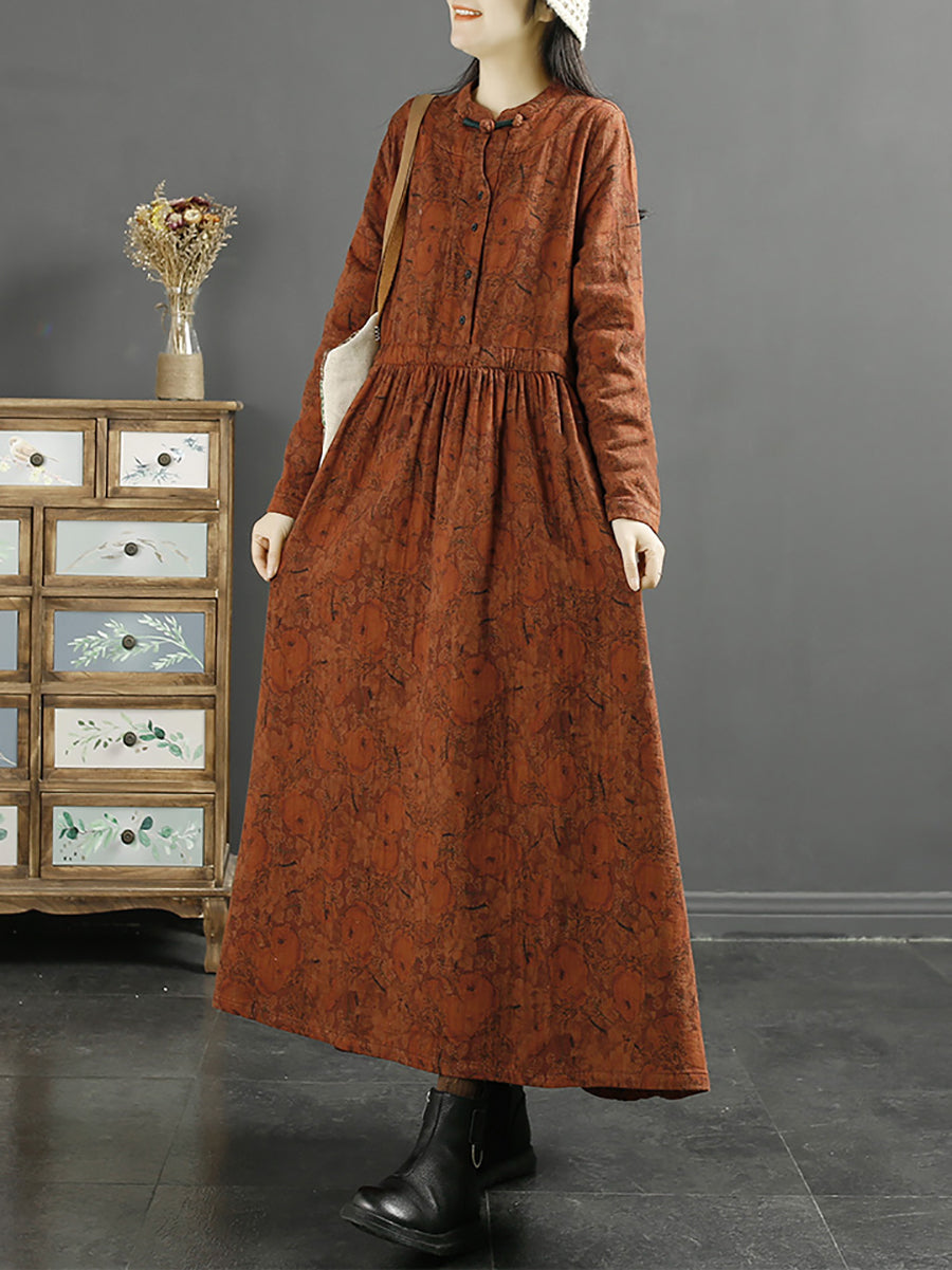 Übergröße Damen Herbst Vintage Blatt Druck Baumwollkleid
