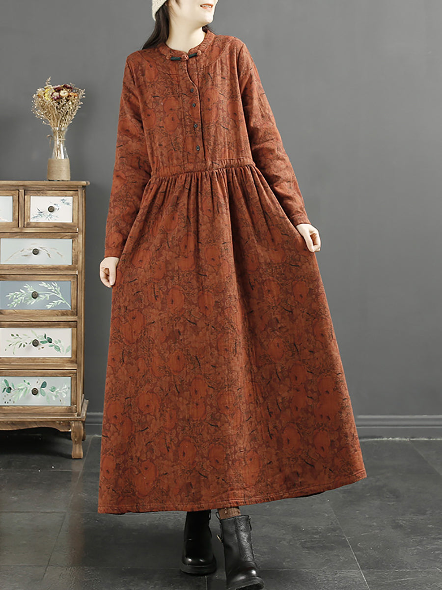 Übergröße Damen Herbst Vintage Blatt Druck Baumwollkleid
