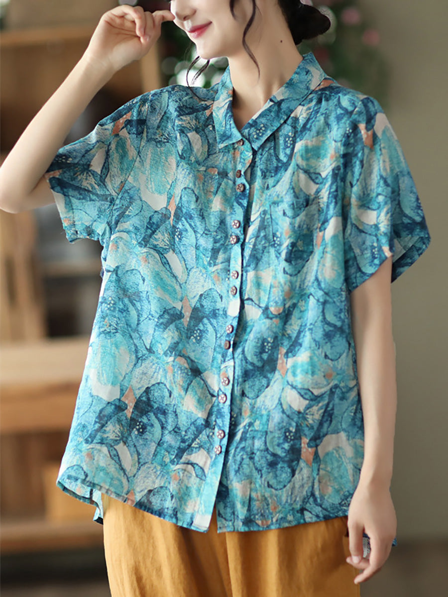 Plus Size Floral Ramie Vintage Sommer Damen Lockeres Hemd