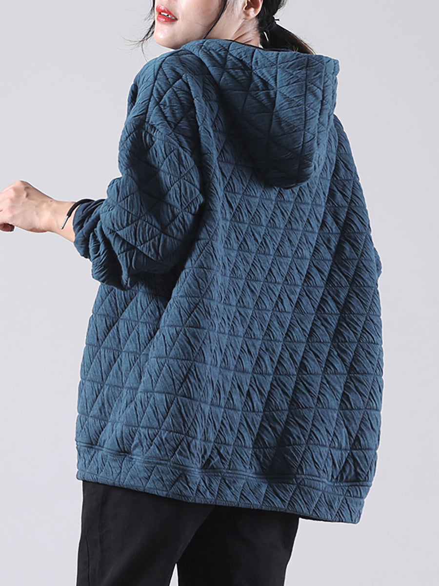 Große Größen Einfarbiges Plissiertes Kapuzensweatshirt mit Kordelzug und Reißverschluss