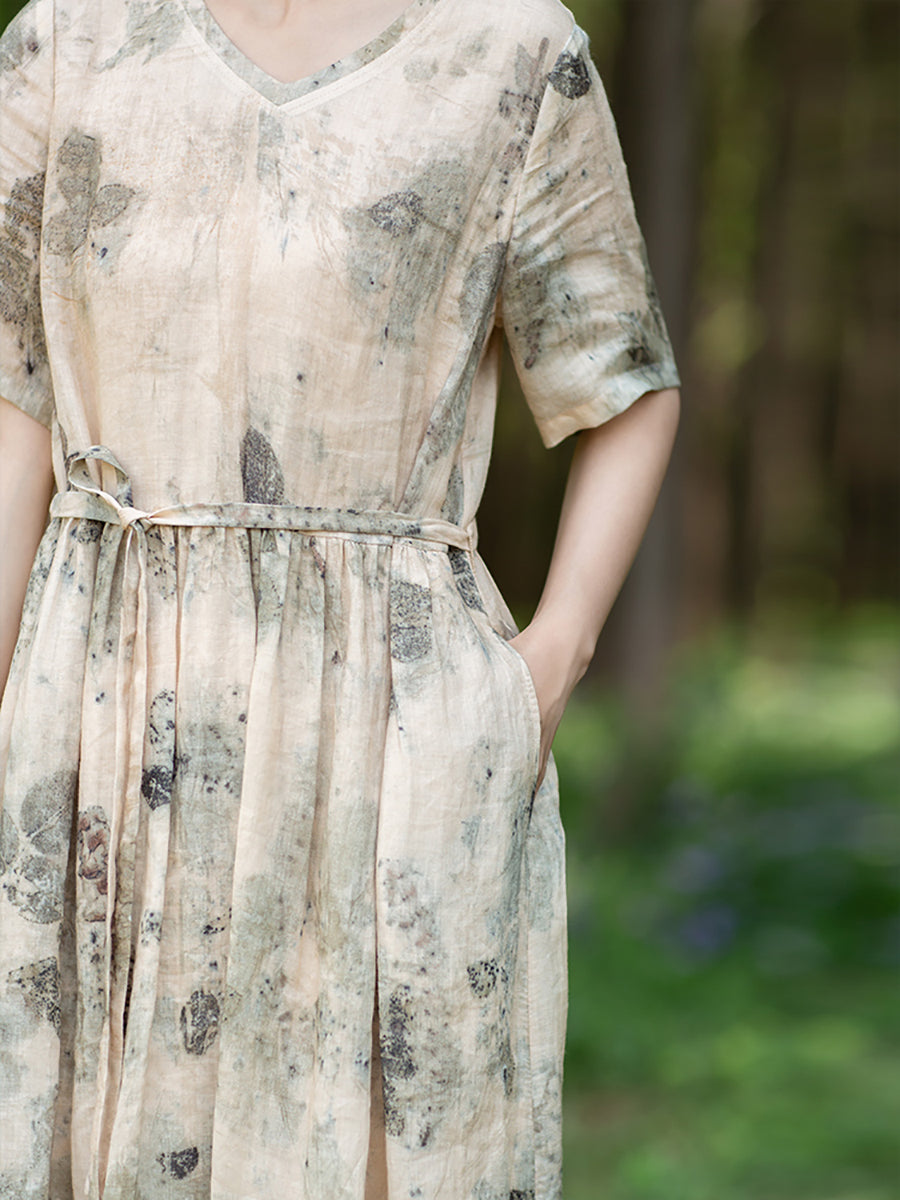 Große Größen Damen Artsy Tintendruck Ramie Kleid mit Kordelzug
