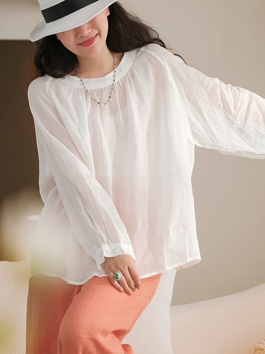 Übergröße Damen Sommer Solide Vintage Langarm Ramie Hemd