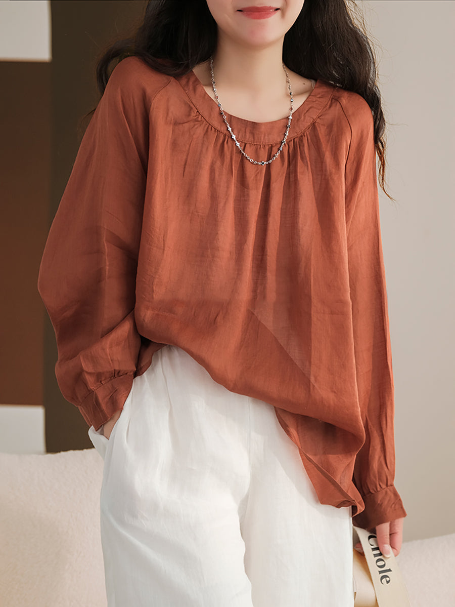 Übergröße Damen Sommer Solide Vintage Langarm Ramie Hemd