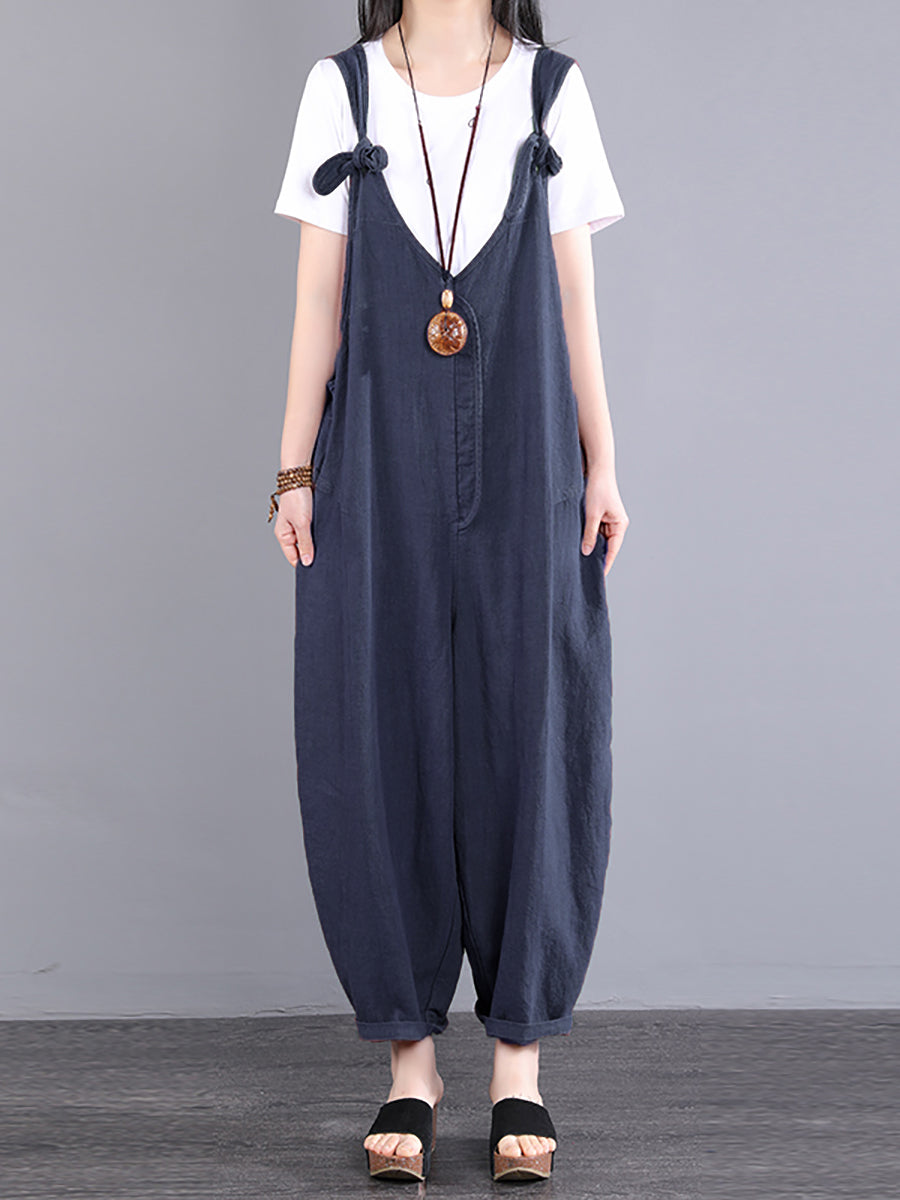 Übergröße Damen Vintage Knoten V-Ausschnitt Ramie Loose Jumpsuits
