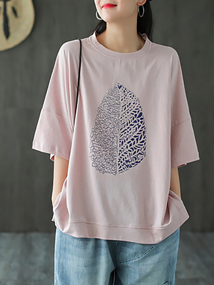 Große Größen - Sommer-T-Shirt aus Baumwolle mit halblangen Ärmeln und Blatt-Print
