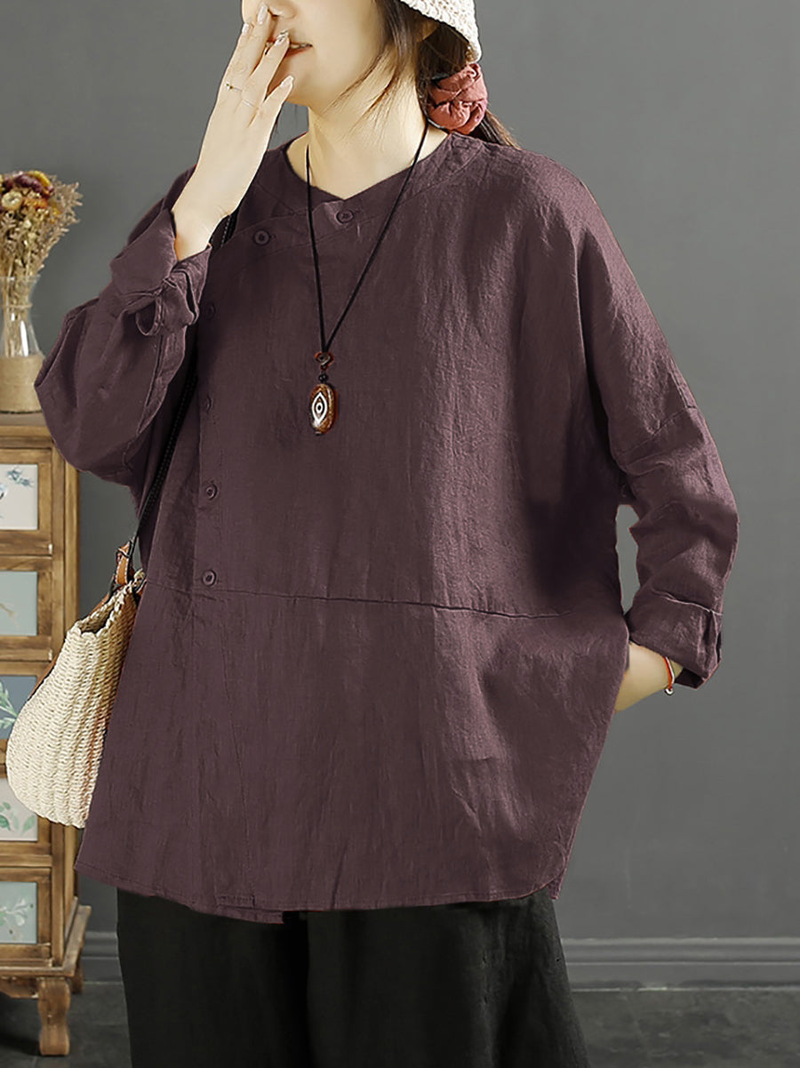 Große Größen Damen Solide Vintage Slant-Closed Leinen Hemd