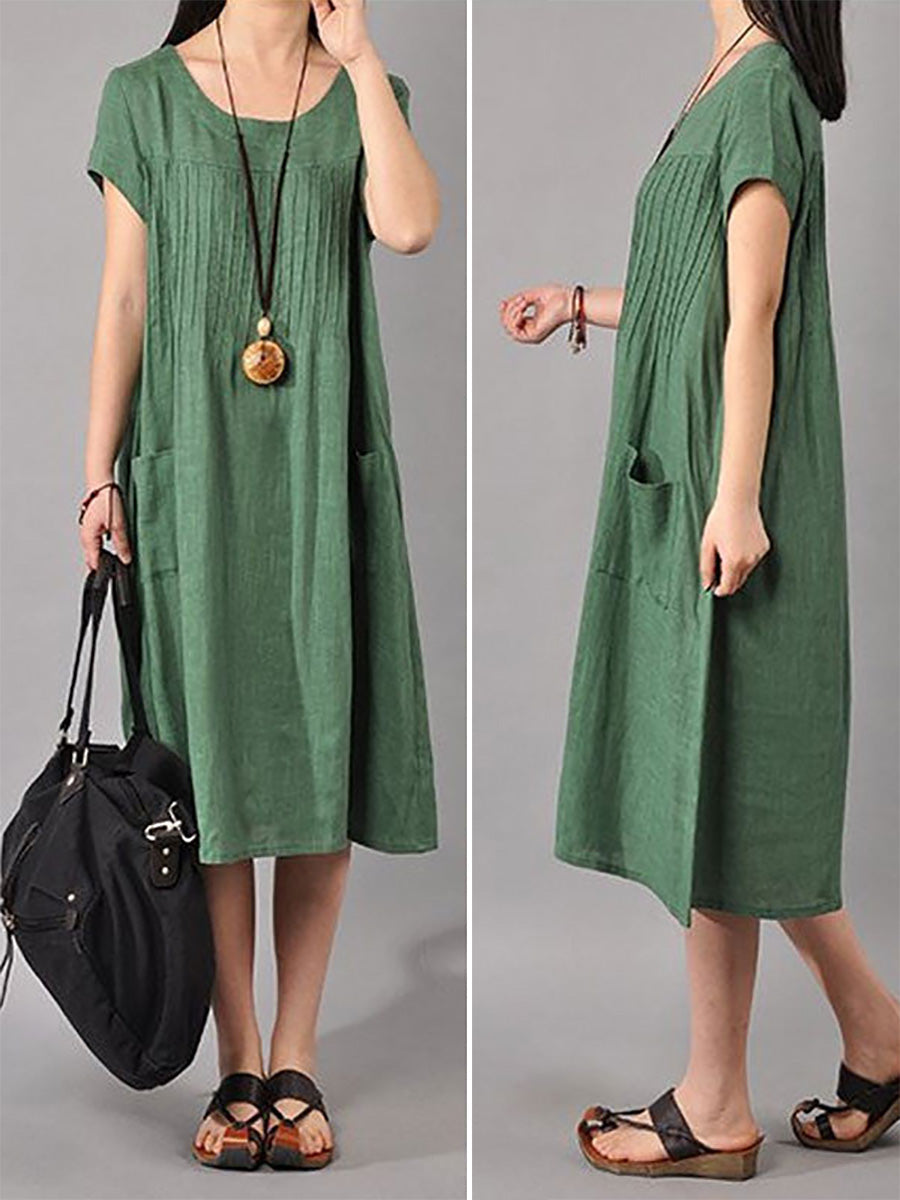 Locker sitzendes Kleid aus Baumwollleinen für Damen in Grün
