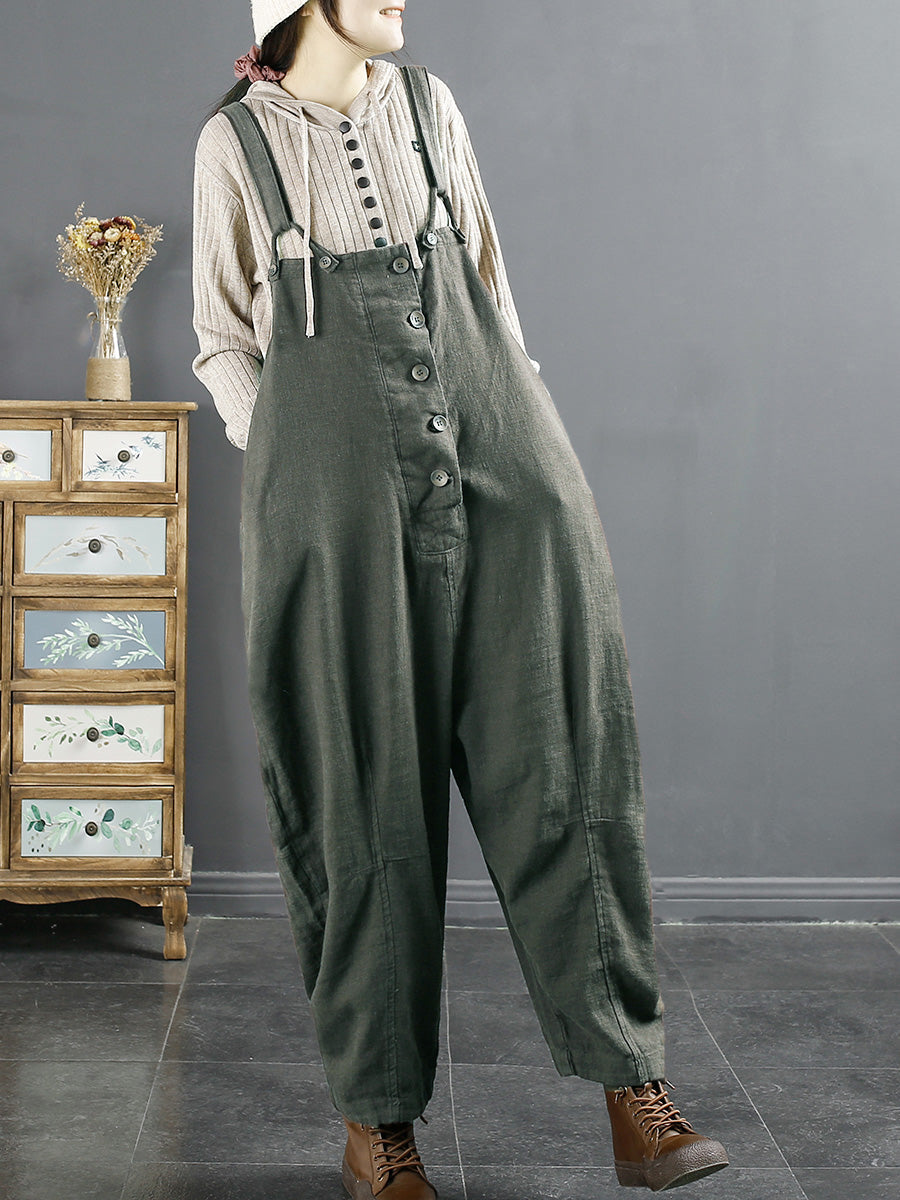 Plus Size Damen Vintage Einfarbiger Lockerer Overall aus Leinen