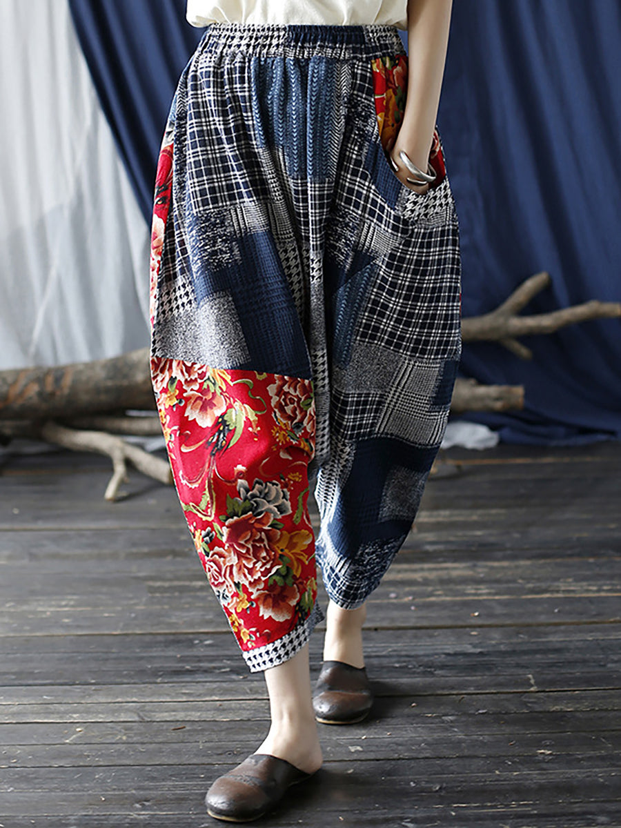 Übergröße Patchwork Plaid Damen Lässige Hose mit elastischer Taille