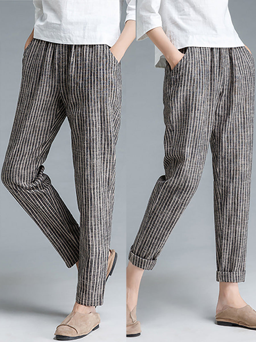 Pantalon en coton et lin à rayures grande taille pour femme Buykud