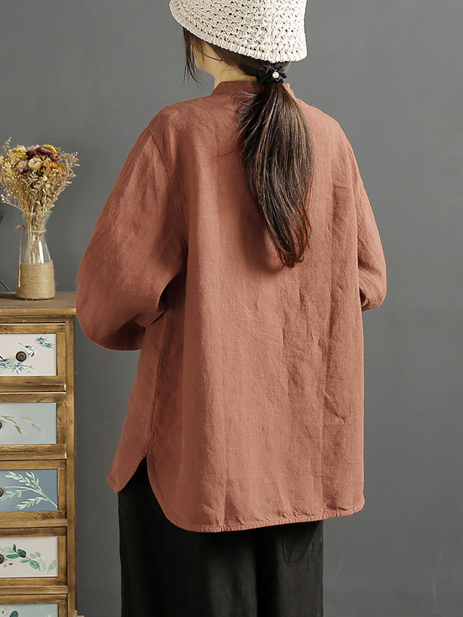 Plus Size Damen Retro Frühlingsknopf O-Ausschnitt Leinenhemd