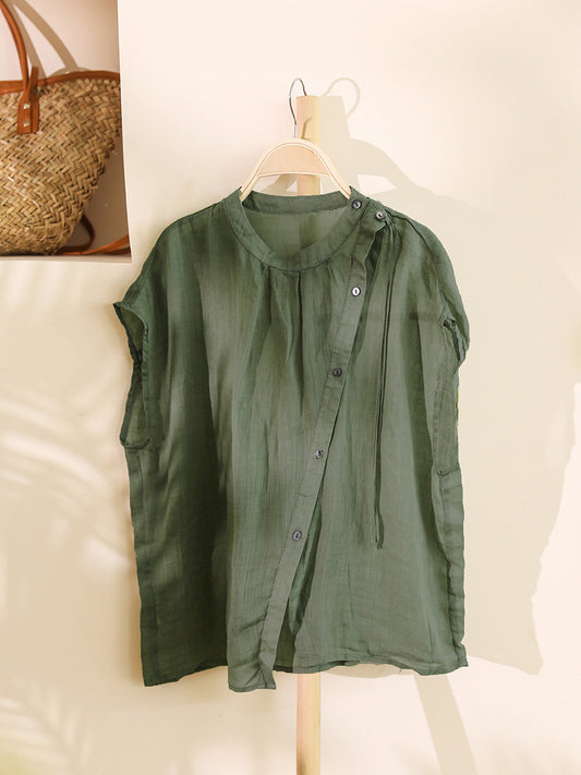 Übergröße Damen Vintage Sommer O-Ausschnitt Knopf Ramie Hemd
