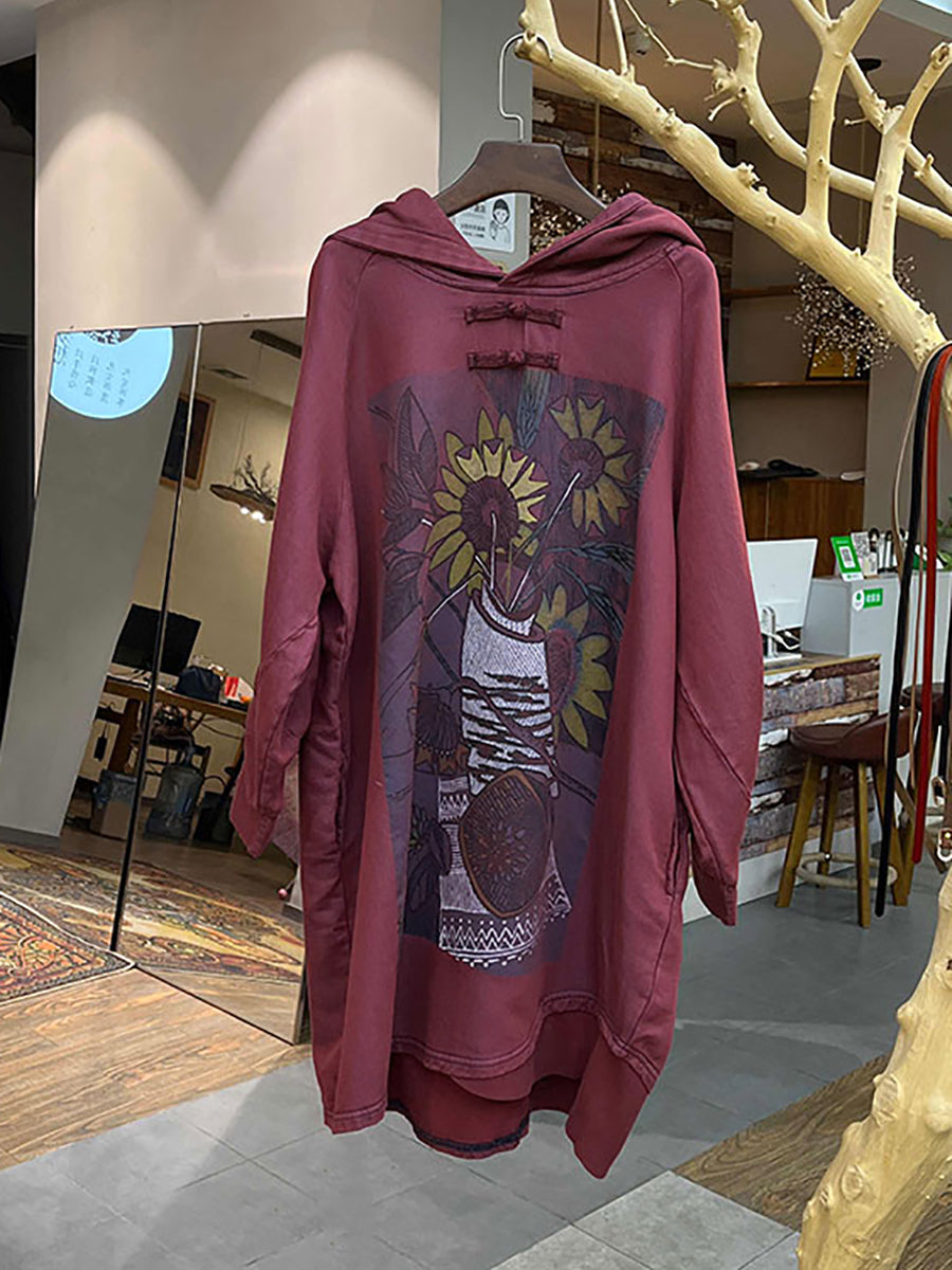Übergröße Damen Vintage Blumen Kapuzenpullover Lang