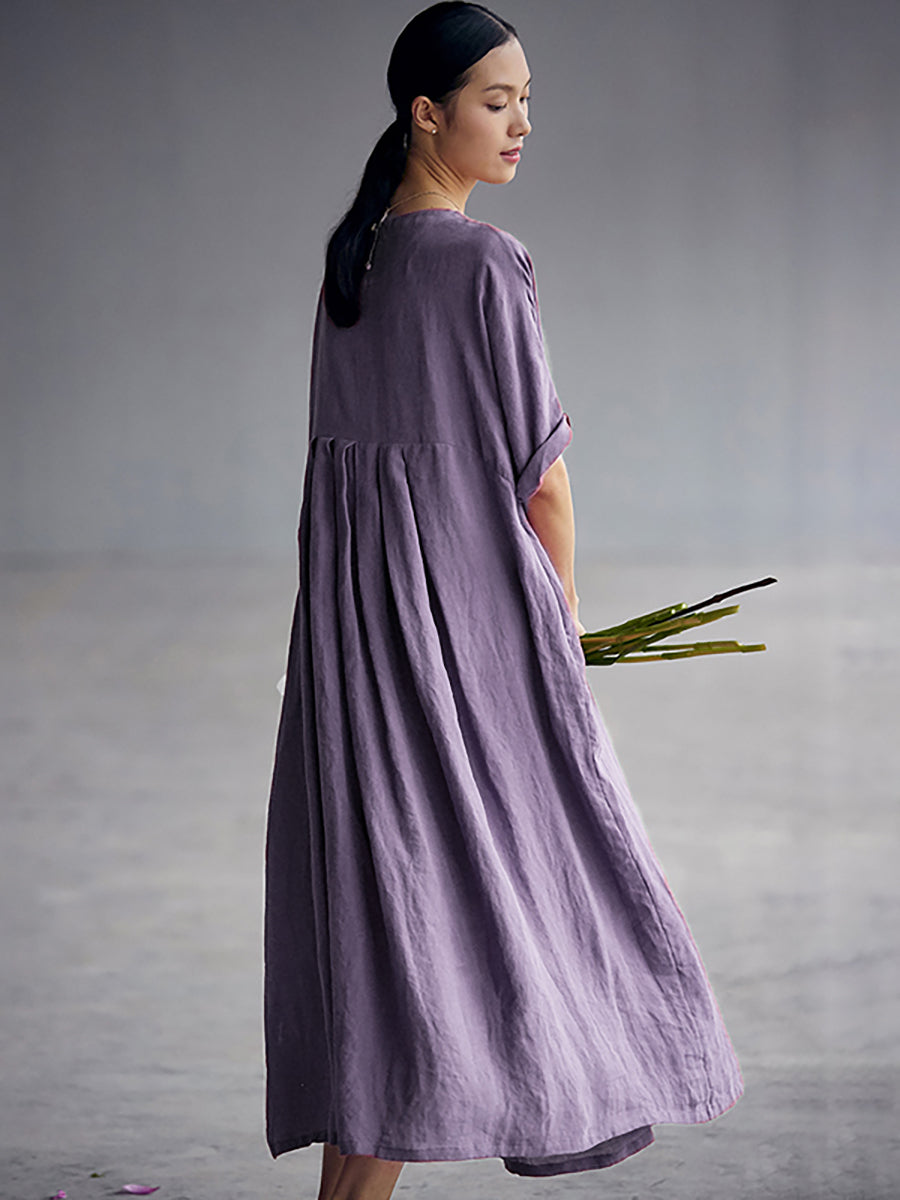 Elegantes, plissiertes, lockeres Leinenkleid im chinesischen Stil in Übergröße