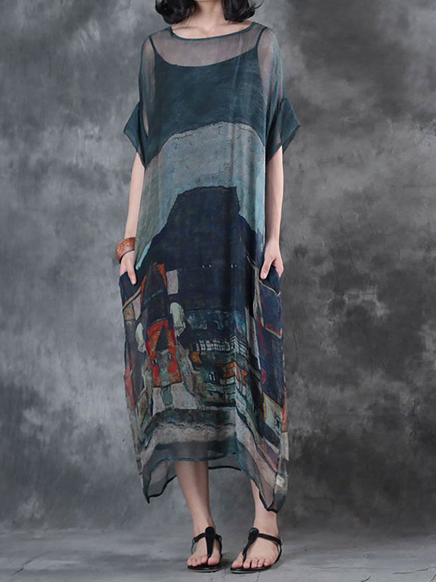 Übergröße - Sommerkleid mit kurzen Ärmeln und lockerem Aufdruck (zweiteilig)