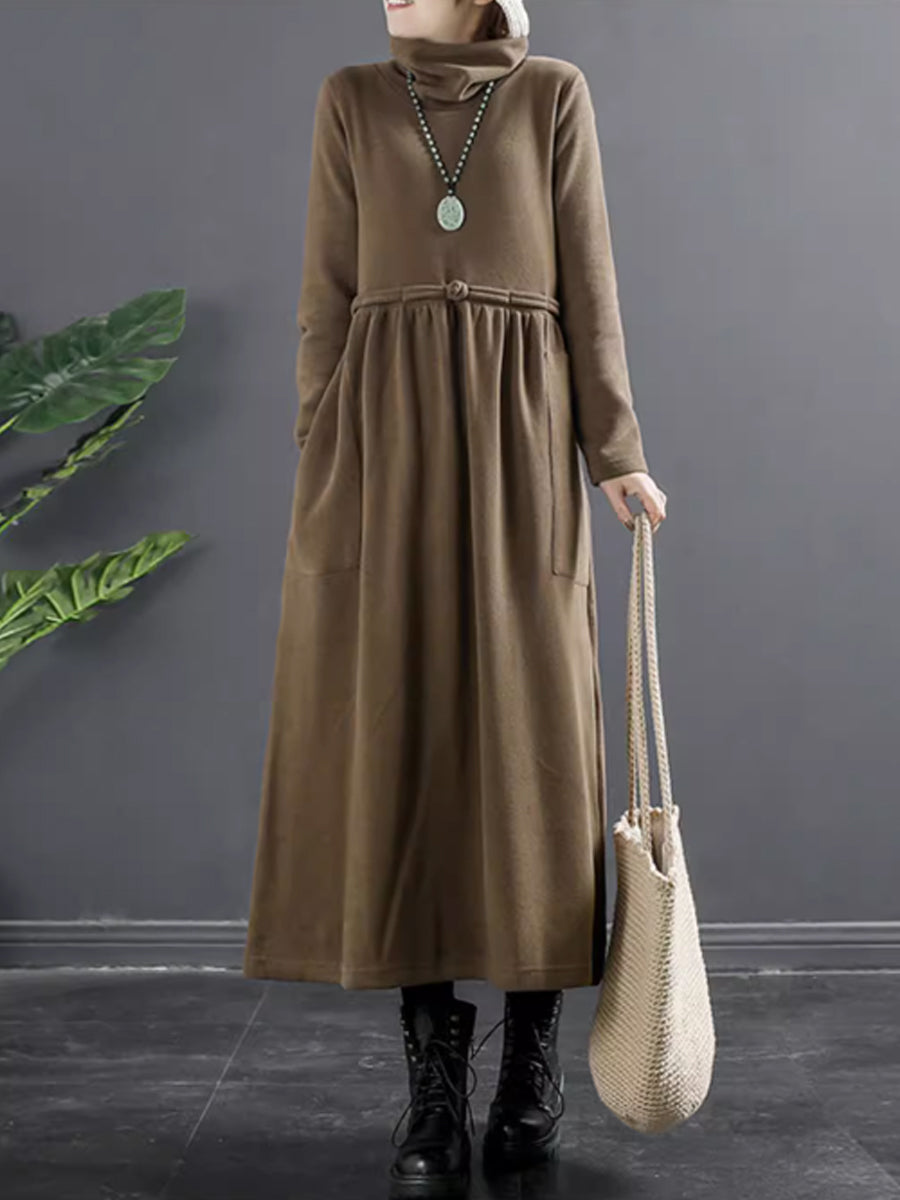 Übergröße Damen Reine Farbe Rollkragen Drapiertes langes Kleid