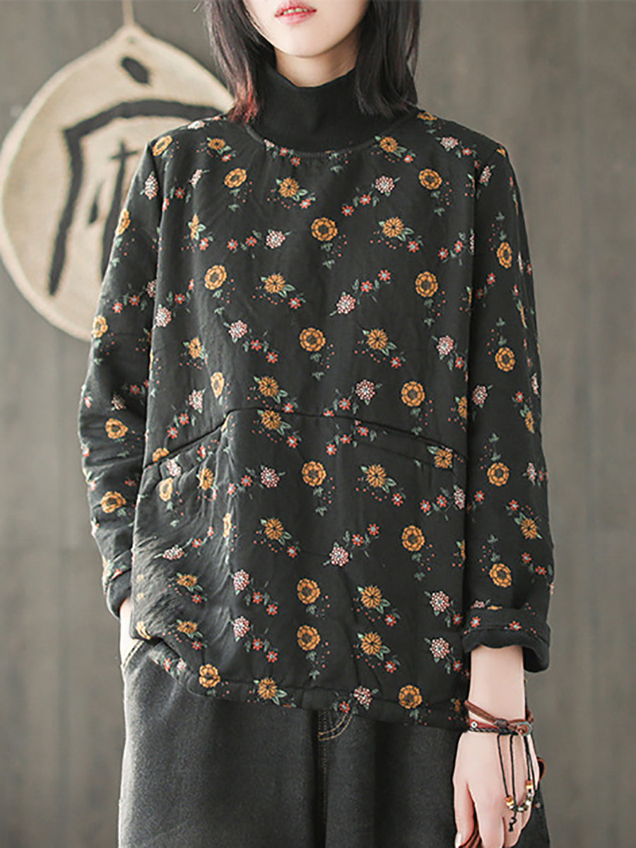 Plus Size Vintage Blumen Halbhoher Kragen Gespleißtes Baumwollhemd