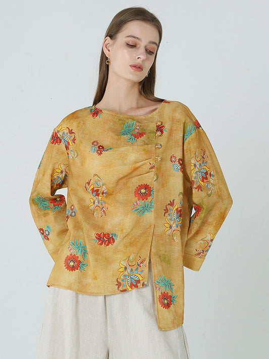 T-shirt en lin à manches longues et imprimé floral pour femme, grande taille, printemps, M-2XL