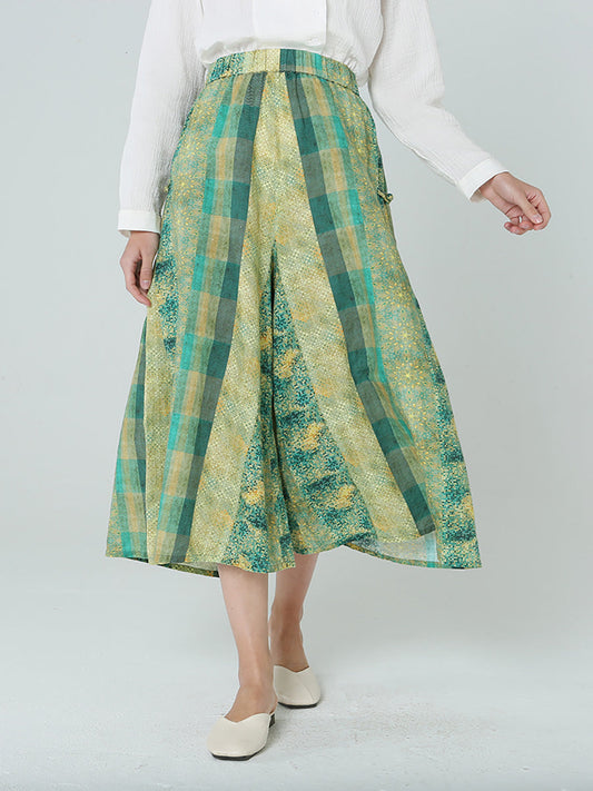 Pantalon ample à carreaux vert à taille élastique pour femmes de grande taille M-2XL