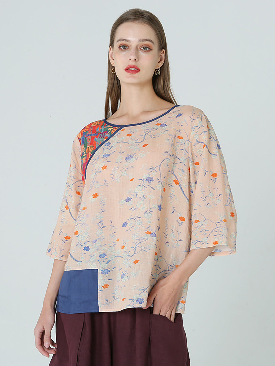 Plus Size Blumendrucke Drop Schulter Frühling Patchwork Damen T-Shirt M-2XL
