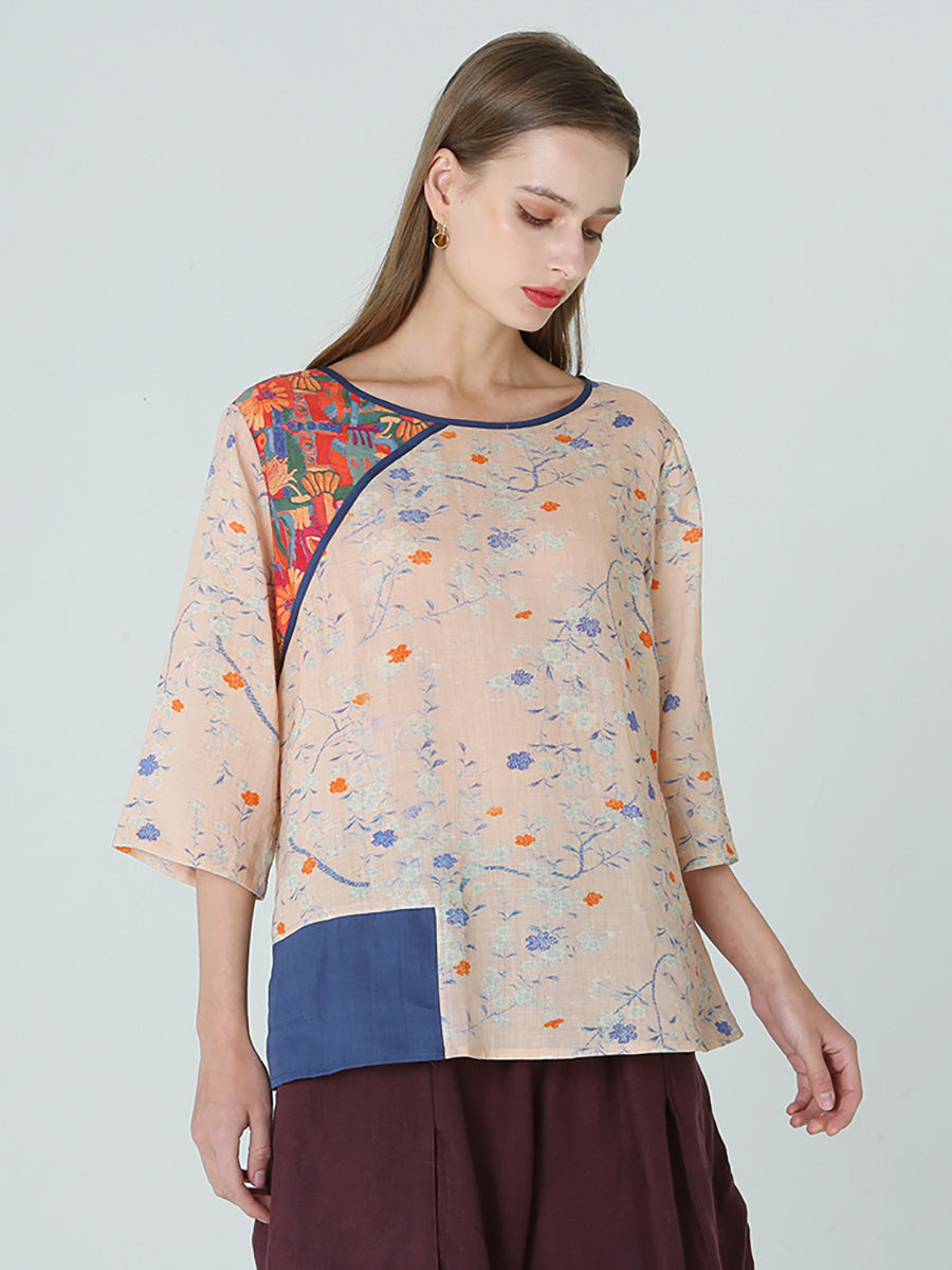 Plus Size Blumendrucke Drop Schulter Frühling Patchwork Damen T-Shirt M-2XL