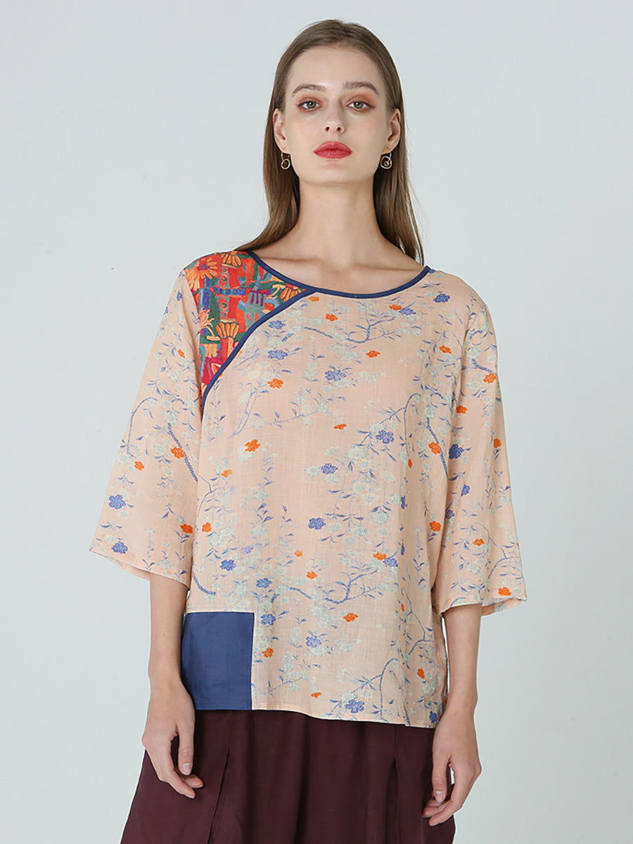 Plus Size Blumendrucke Drop Schulter Frühling Patchwork Damen T-Shirt M-2XL