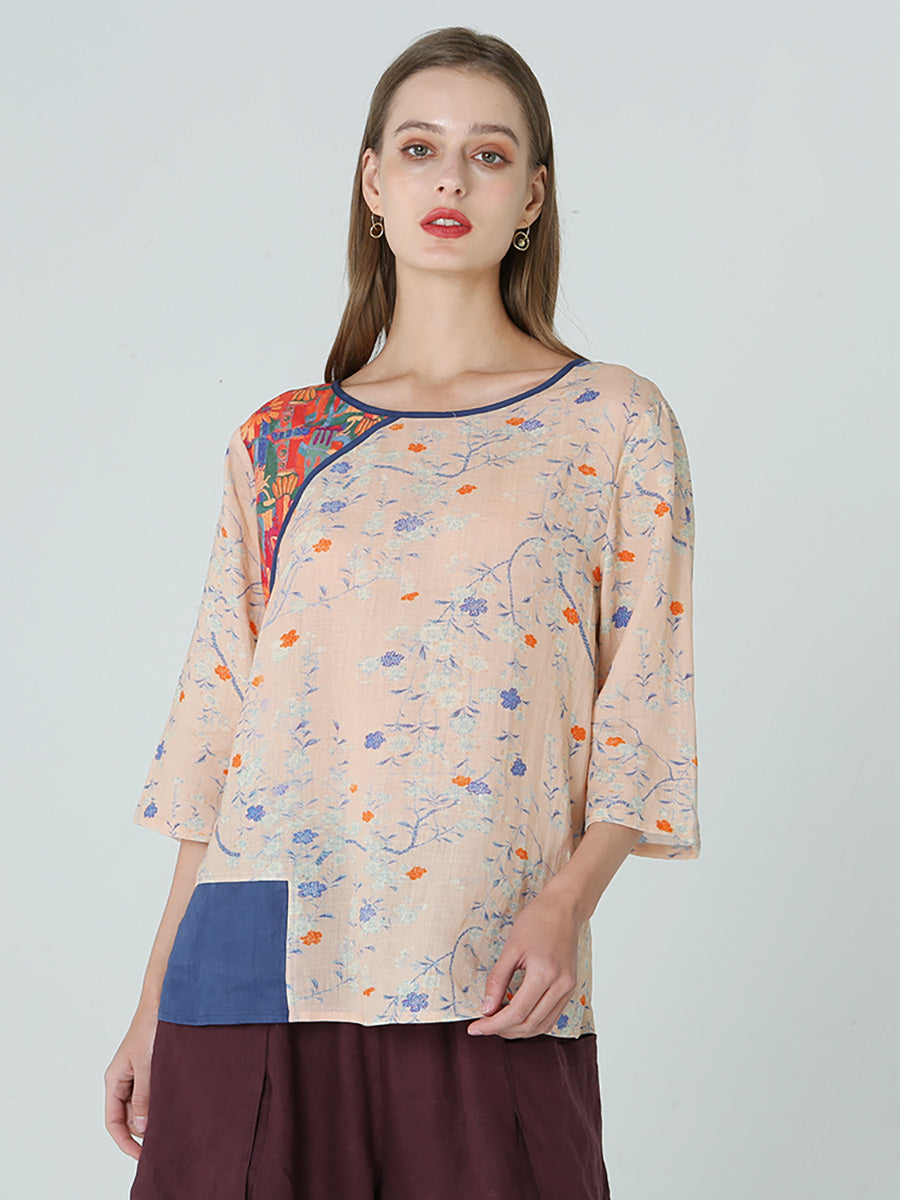 Plus Size Blumendrucke Drop Schulter Frühling Patchwork Damen T-Shirt M-2XL