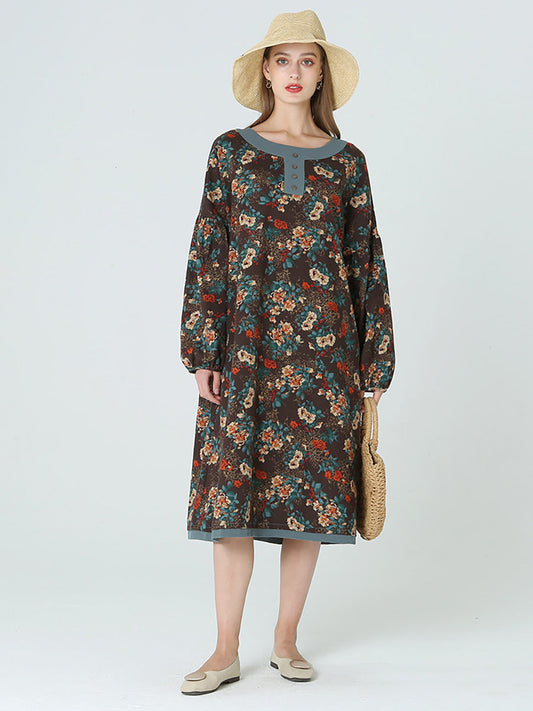 Plus Size Blumen Langarm Frühling Herbst Lockeres Langes Kleid
