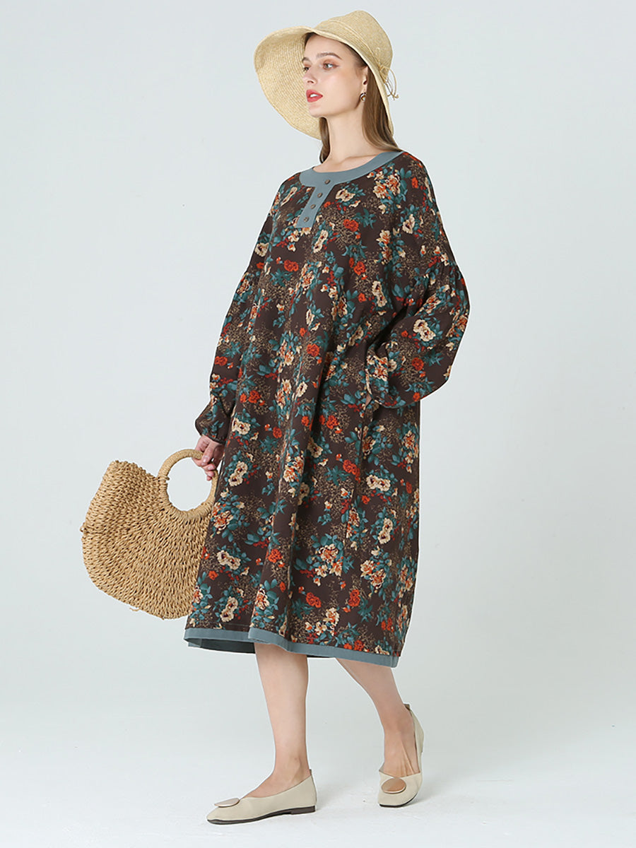 Plus Size Blumen Langarm Frühling Herbst Lockeres Langes Kleid