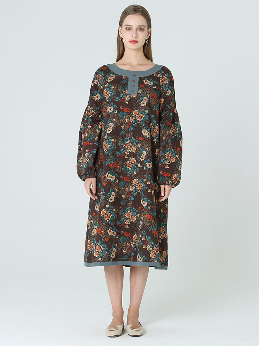 Plus Size Blumen Langarm Frühling Herbst Lockeres Langes Kleid