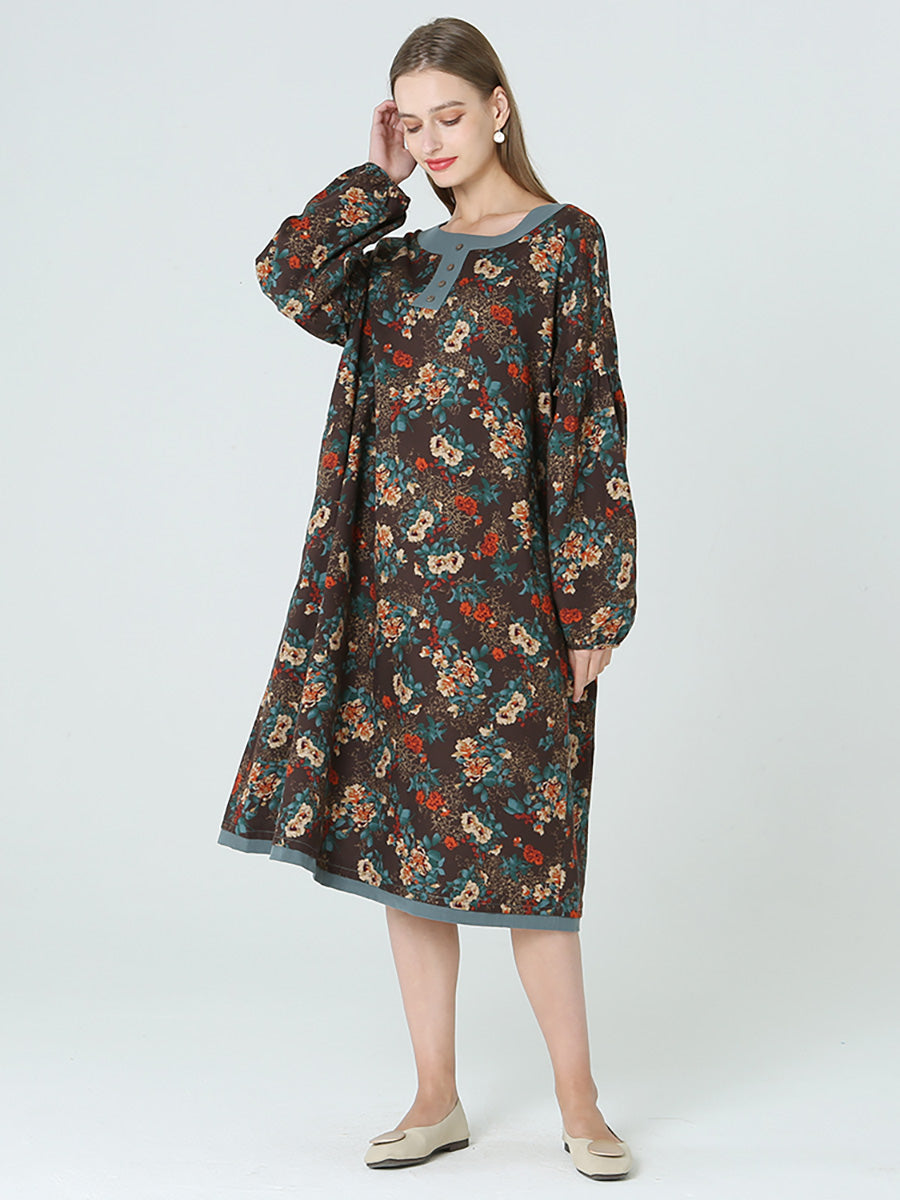 Plus Size Blumen Langarm Frühling Herbst Lockeres Langes Kleid