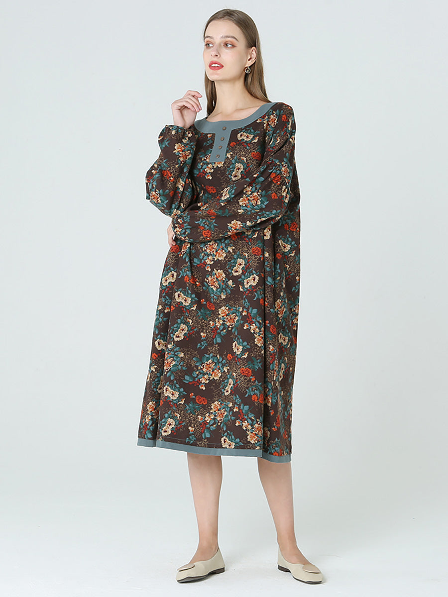 Plus Size Blumen Langarm Frühling Herbst Lockeres Langes Kleid