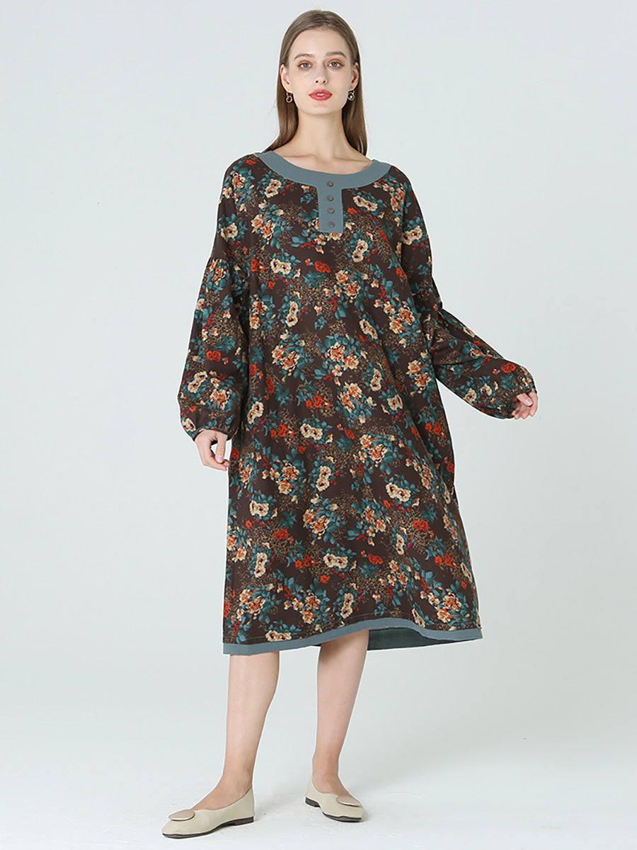Plus Size Blumen Langarm Frühling Herbst Lockeres Langes Kleid