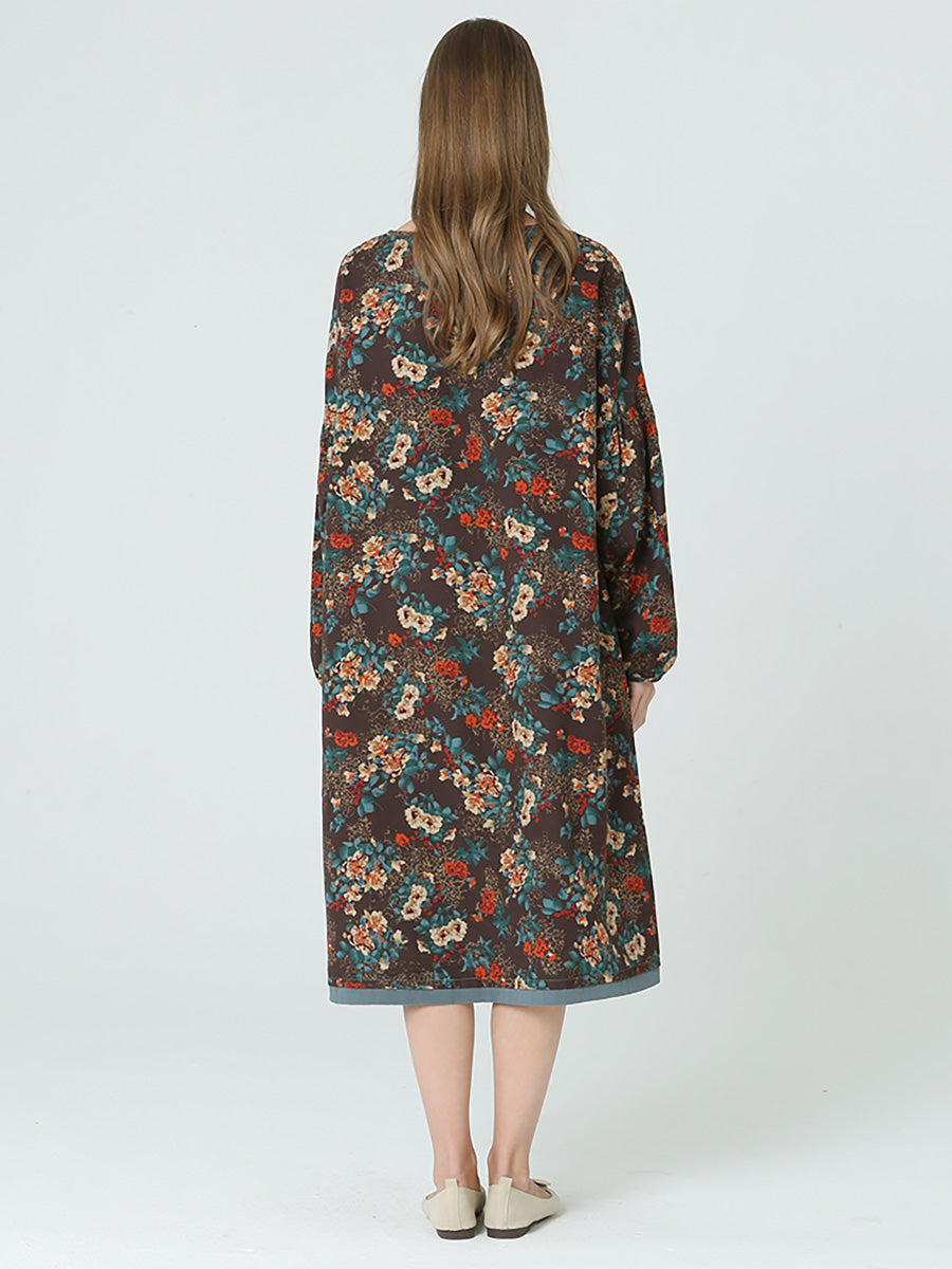 Plus Size Blumen Langarm Frühling Herbst Lockeres Langes Kleid