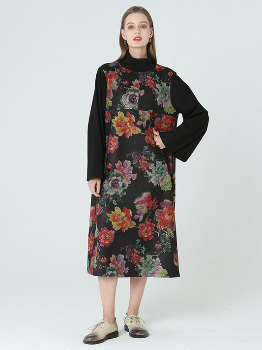Übergröße Blumendruck Rollkragen Langarm Frühling Winter Kleid M-2XL