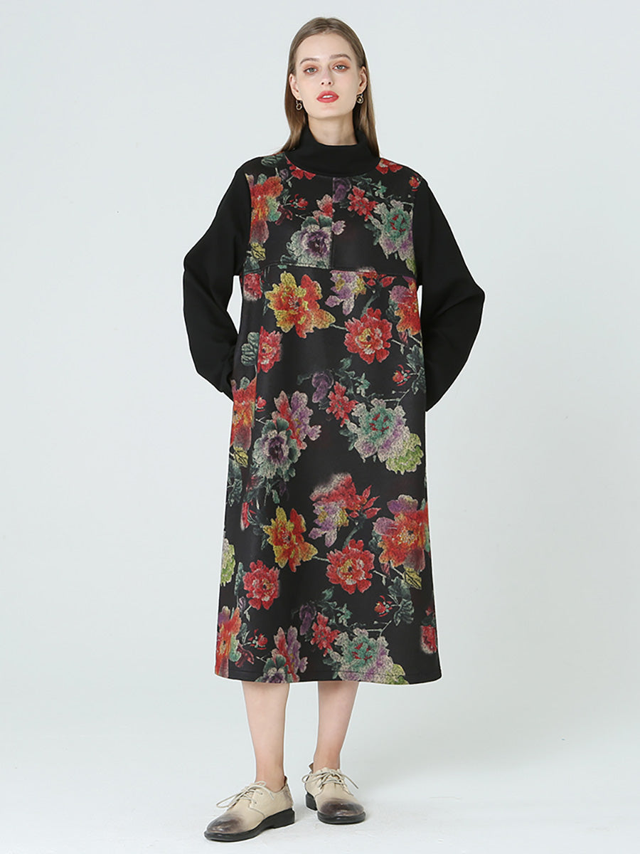 Übergröße Blumendruck Rollkragen Langarm Frühling Winter Kleid M-2XL
